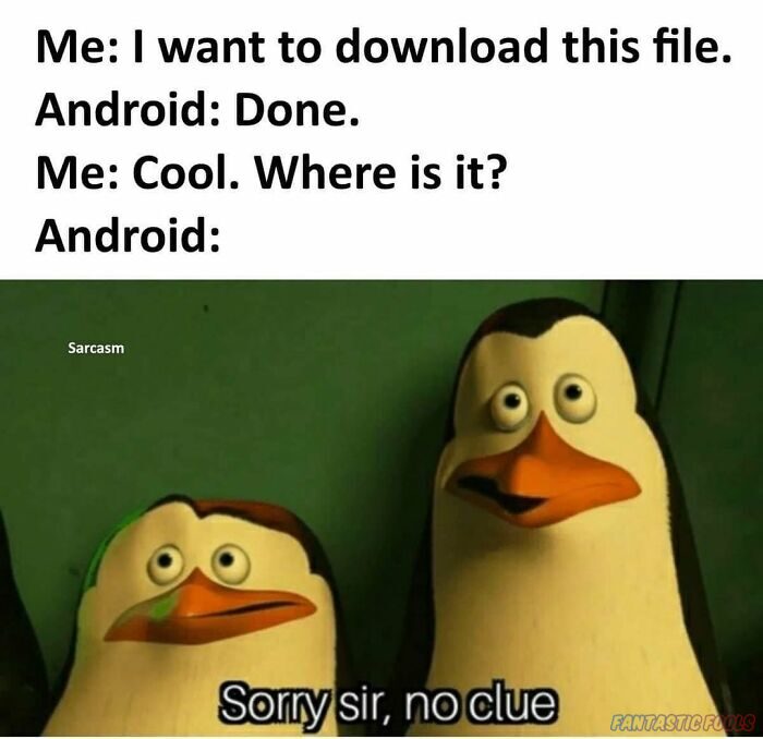 Me I want to download this file Android Done Me Cool Where is it Android Sarcasm Sorry sir no clue